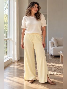 Neiwai Womens Ribbed Wide Leg Pant XL Beige High Rise Flare Pull On Minimalist